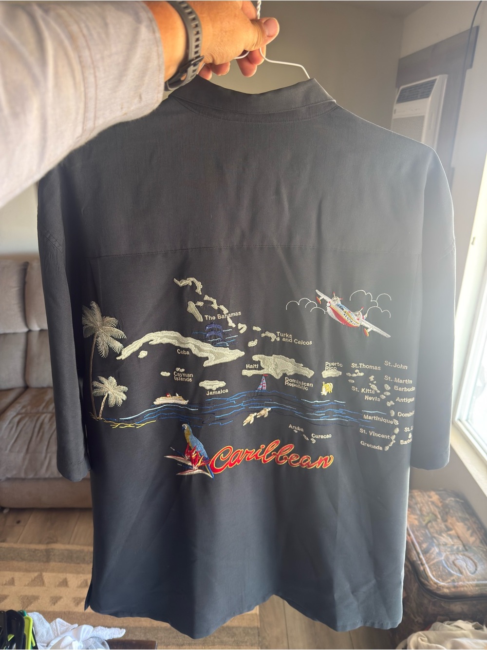 Bamboo Cay black Caribbean Map Embroidered Button-Down Shirt